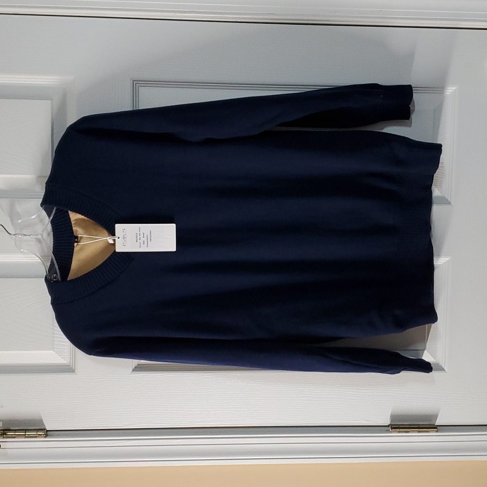 V-neck sweater with fleece lining in size small in navy blue